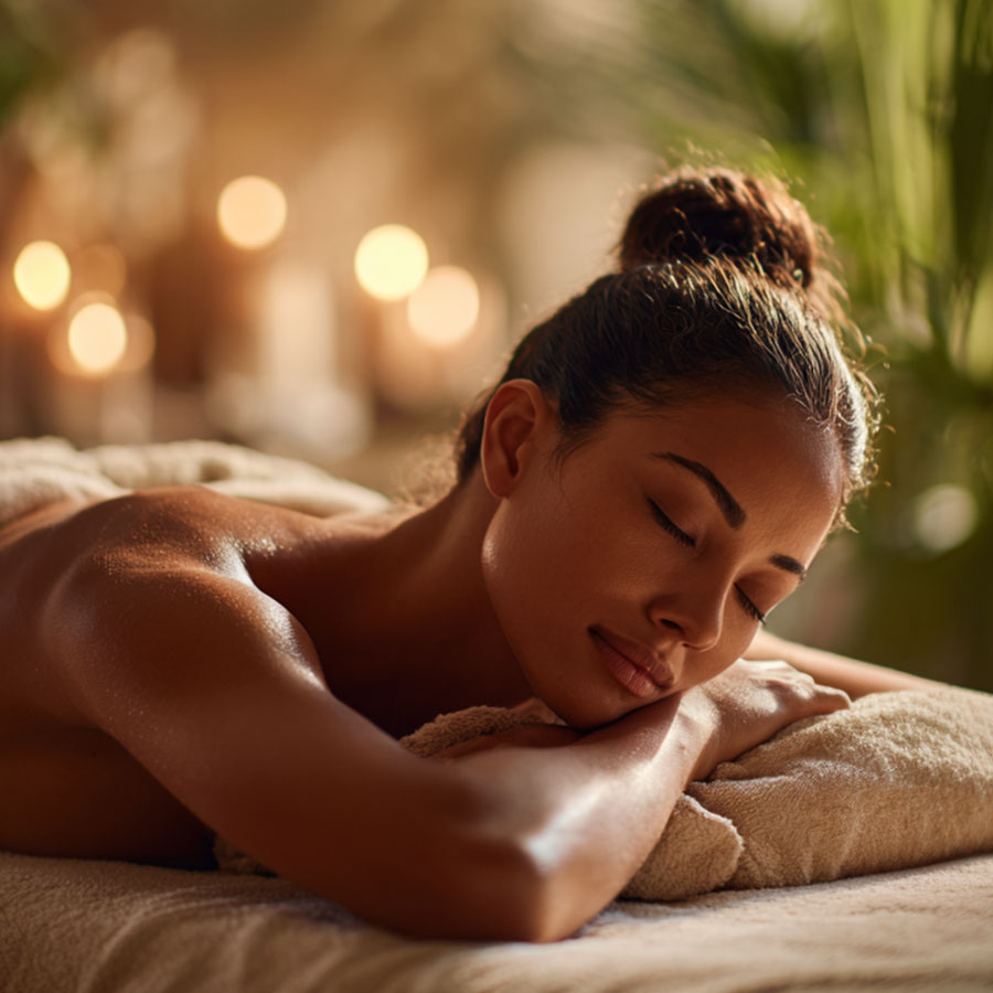 Femme recevant un massage avec les huiles Adorée dans une ambiance spa